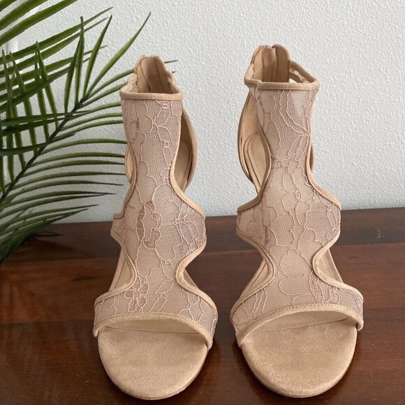 ALDO Beige Suede Embroidered Mesh Open Toe Strappy Back Zip High Heels Women’s 8 - Picture 9 of 9